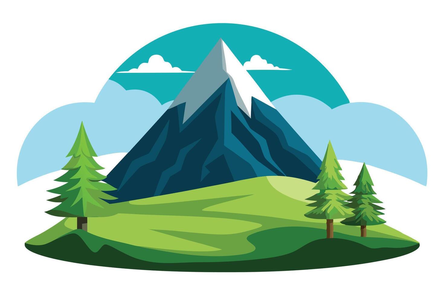 Cartoon Mountain Landscape With Trees, Green Field and Cloudy Sky on White vector