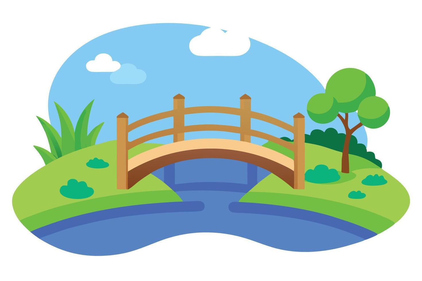Cartoon Landscape with Wooden Bridge Over Blue River, Sky, Grass, Trees Design vector