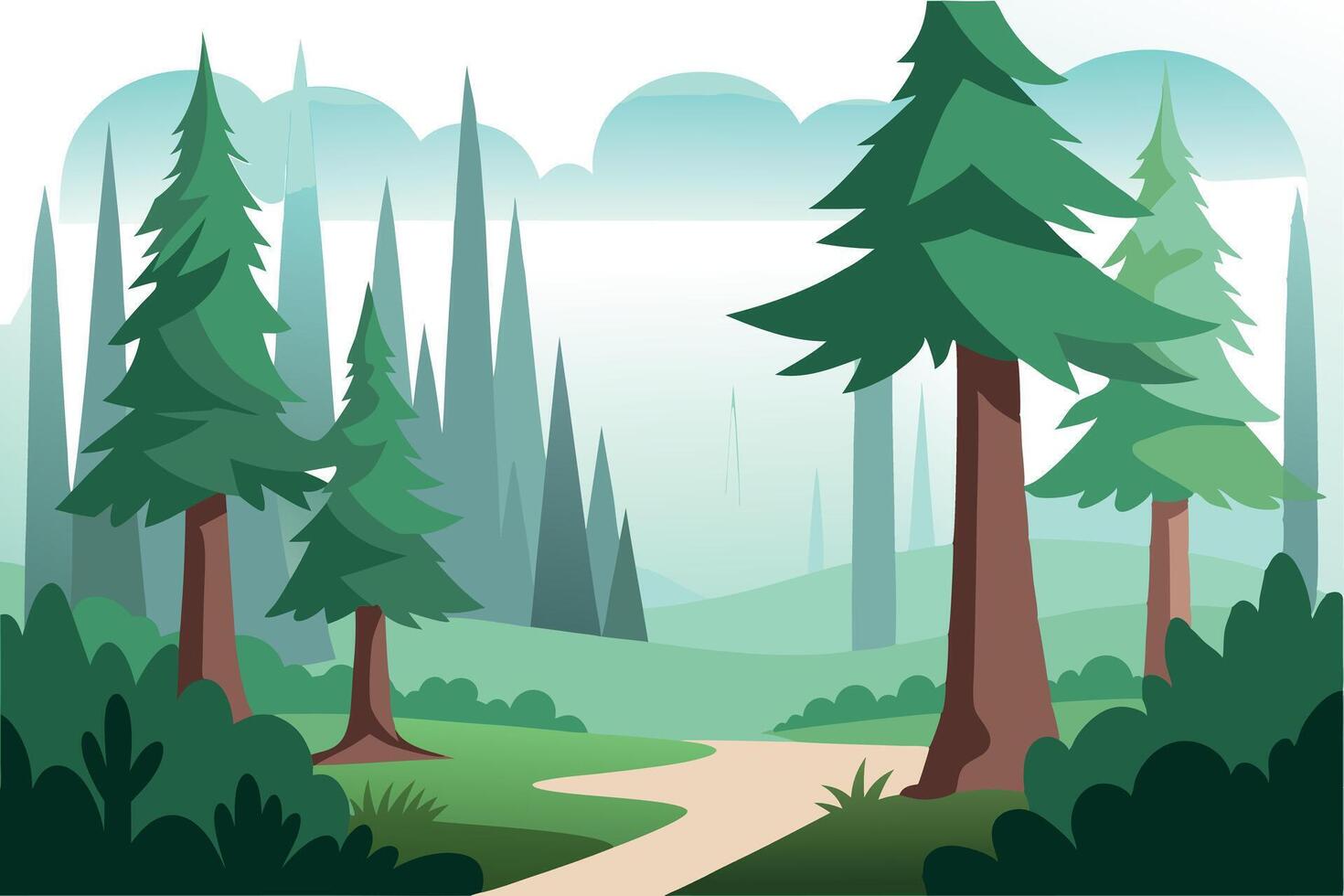 Tranquil Cartoon Forest Path with Pine Trees and Overcast Sky in Flat Style vector