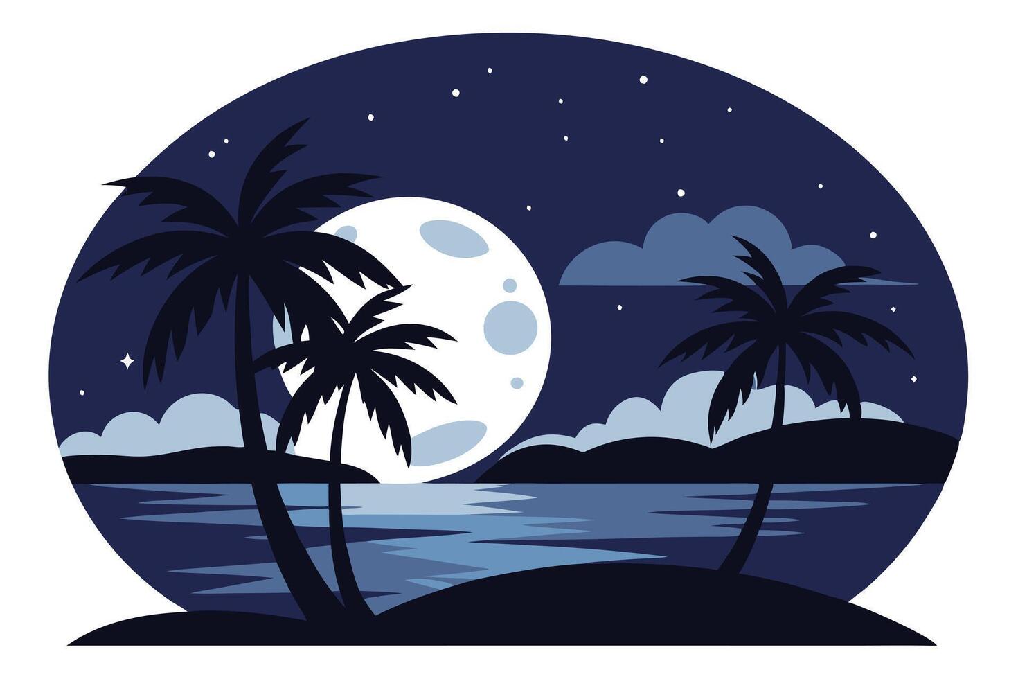 Tropical Night View with Palm Trees, Full Moon, Water, and Starry Sky vector