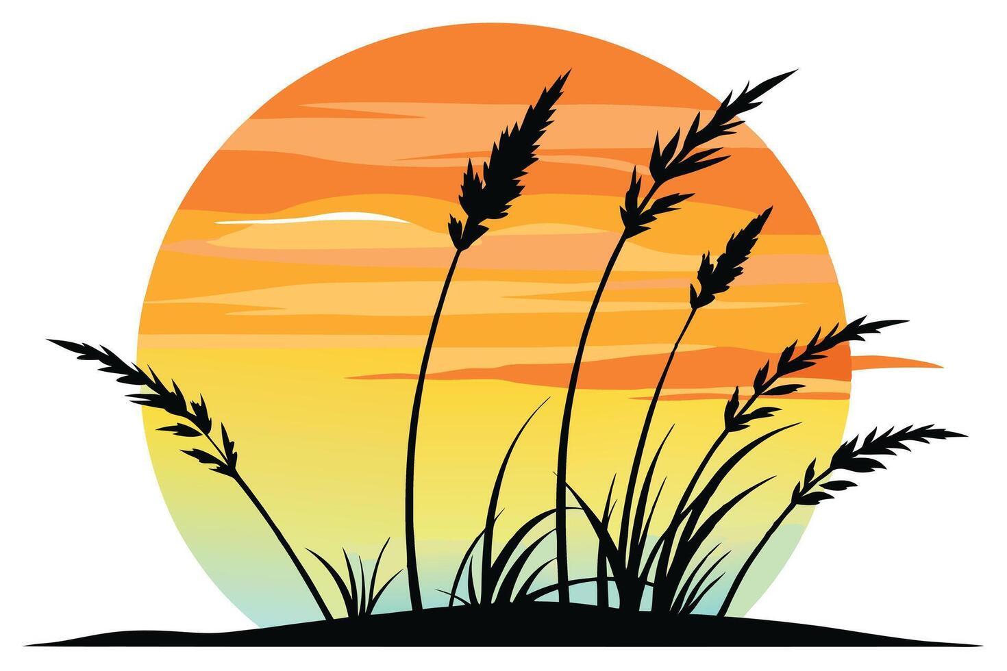 Silhouette of Grass and Plants with Sunset Gradient Background vector