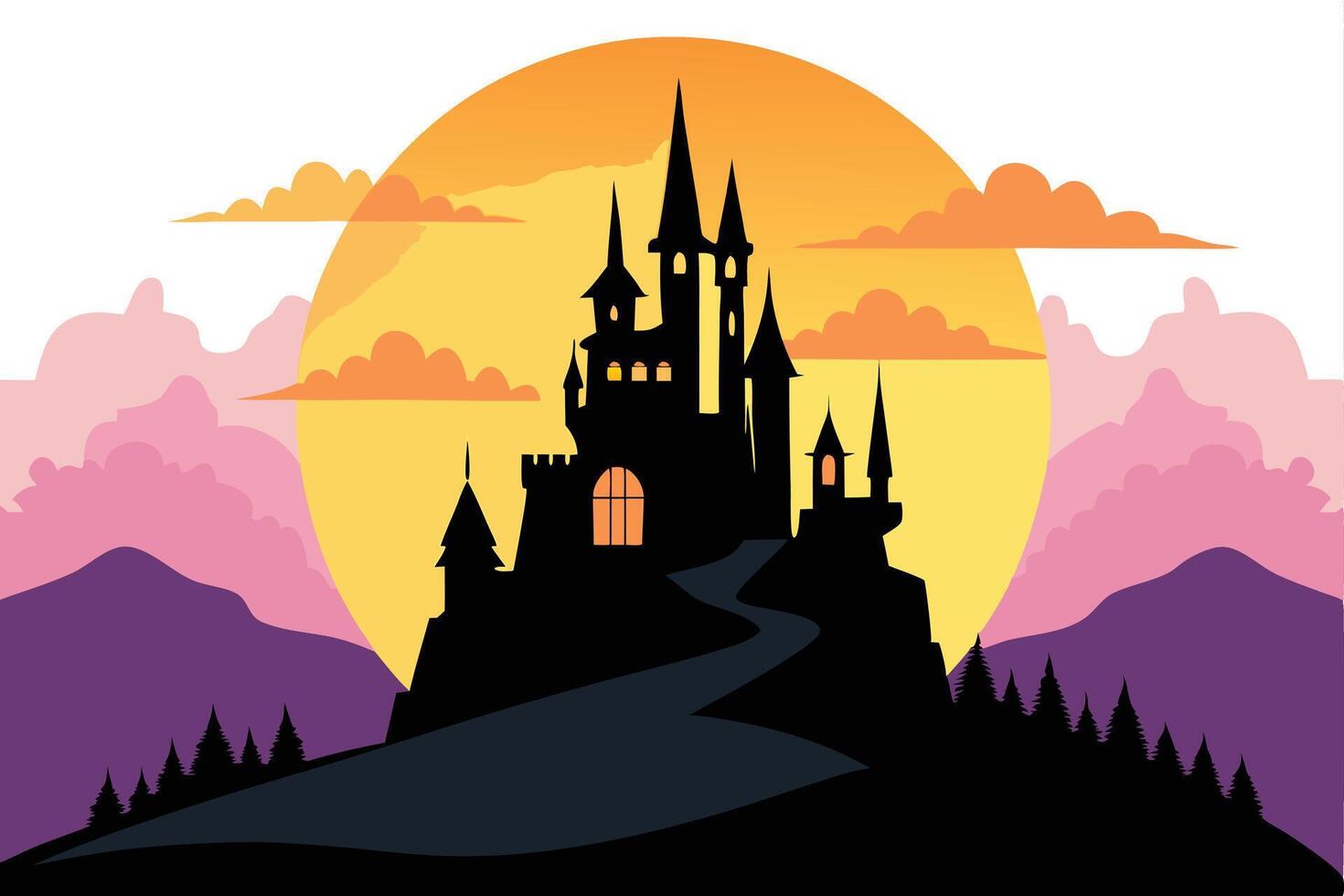 Silhouette Castle on Hill at Sunset with Mountains and Clouds in Pastel Colors vector