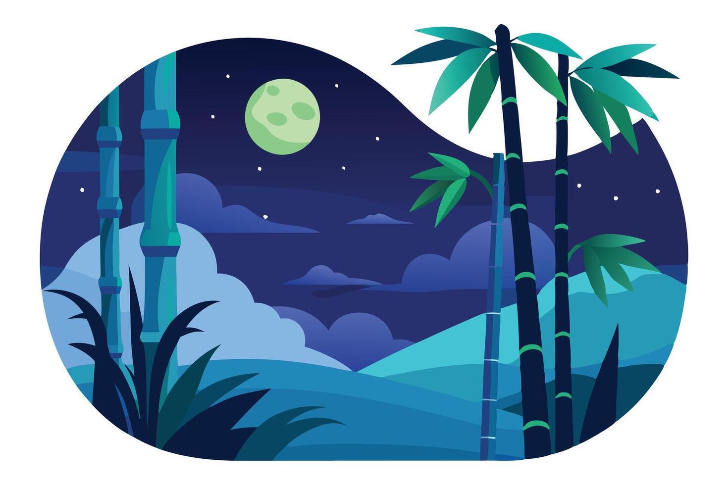Bamboo Grove Moonlight Serenity in Blue Tones Landscape Round Edges Night Art vector