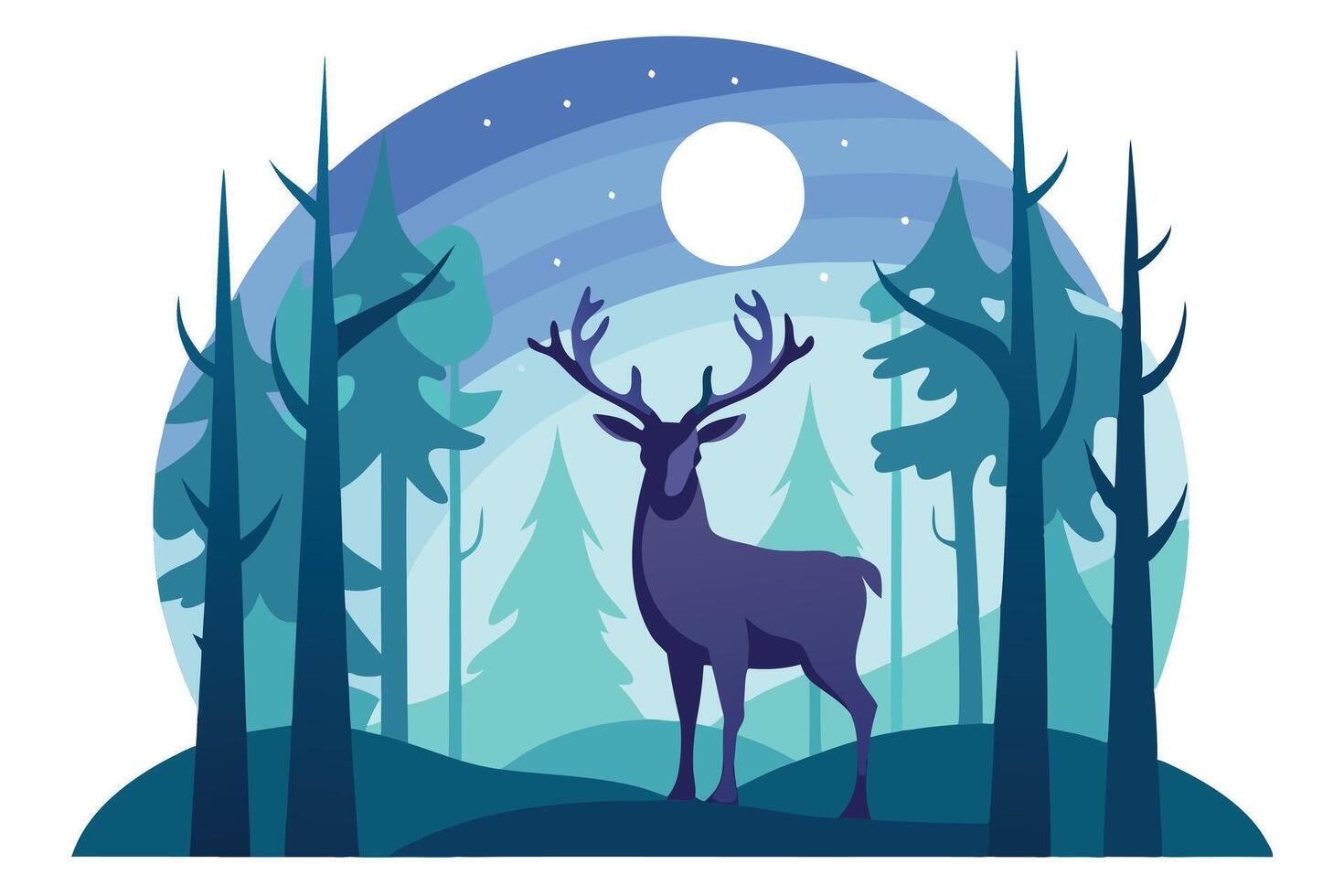Blue Deer Standing Silhouette Among Trees, Moonlit Night Scene, Wildlife vector