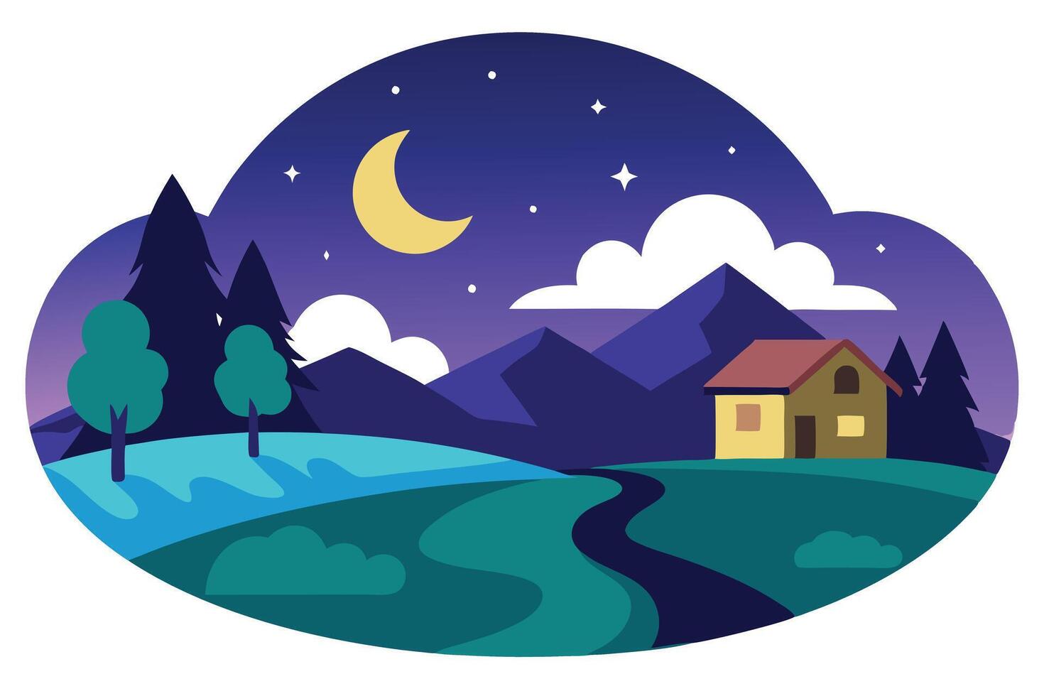Serene Night Landscape with House, Crescent Moon, Mountains in Oval Shape vector