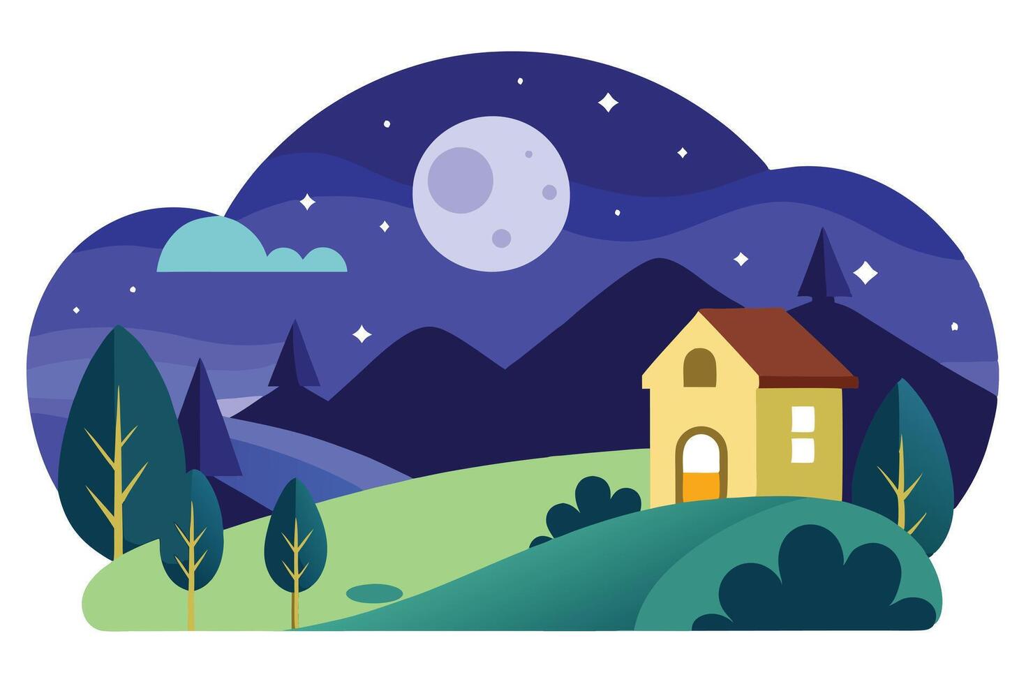 Minimal House Landscape with Moon, Stars, Trees, and Mountains in Flat Cartoon Style vector