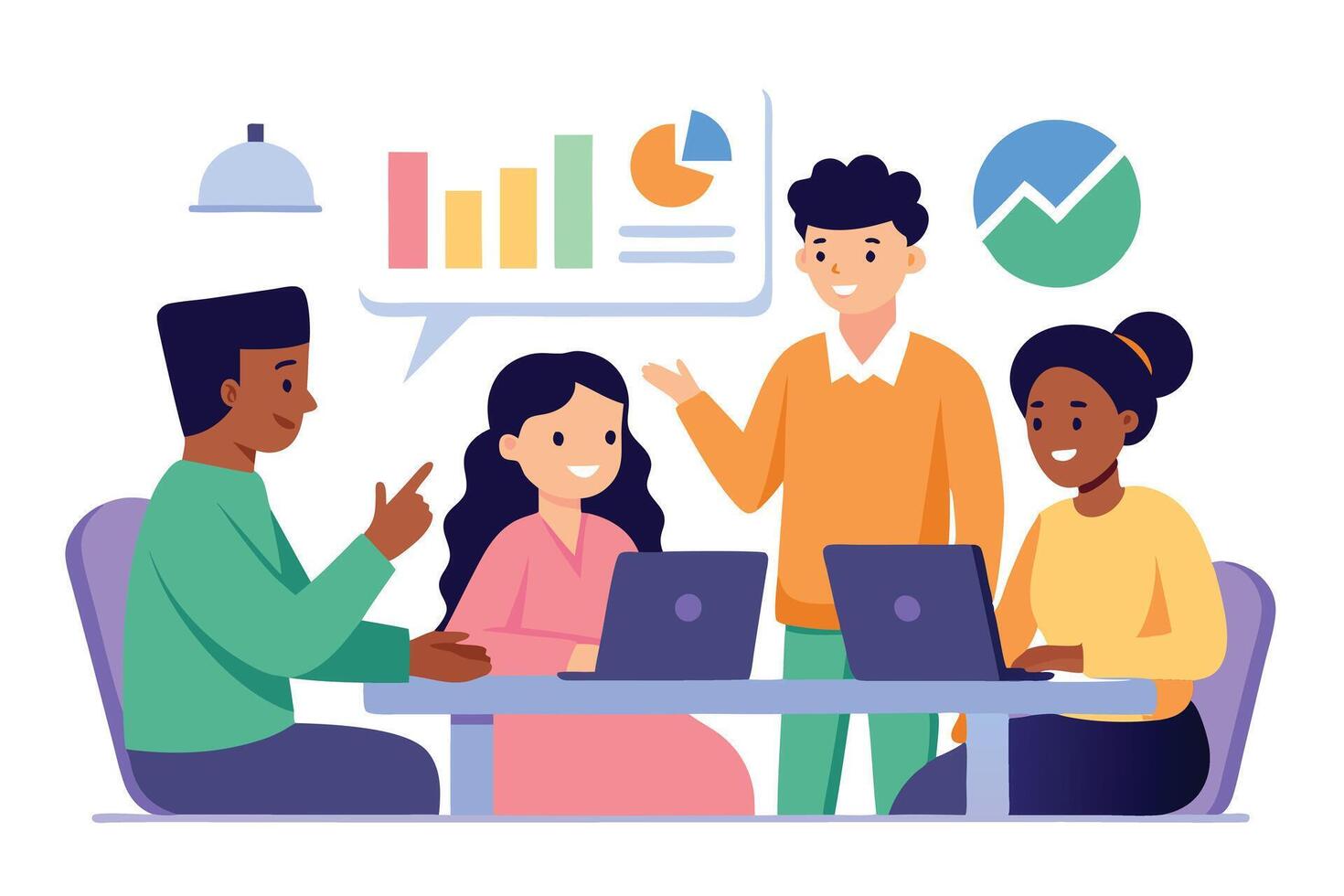 Diverse Team Analyzing Charts on Laptops at Desk with White Background vector