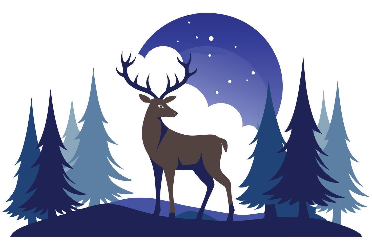 Brown Deer Standing Silhouette on Snowy Field with Blue Spruce Trees and Moon vector