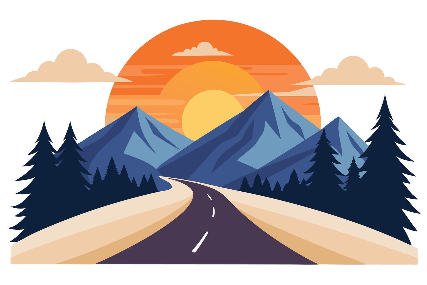 Scenic Landscape with Mountains, Road, Sun, Trees, and Clouds Flat Design Style vector