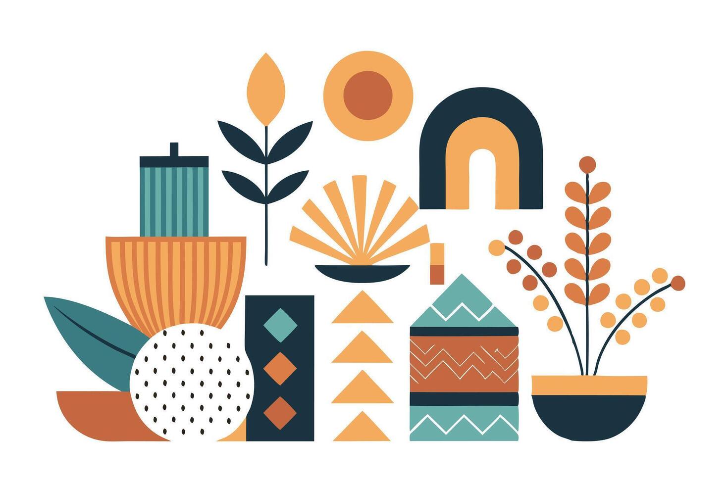 Colorful Geometric Scandinavian Still Life on White Background vector