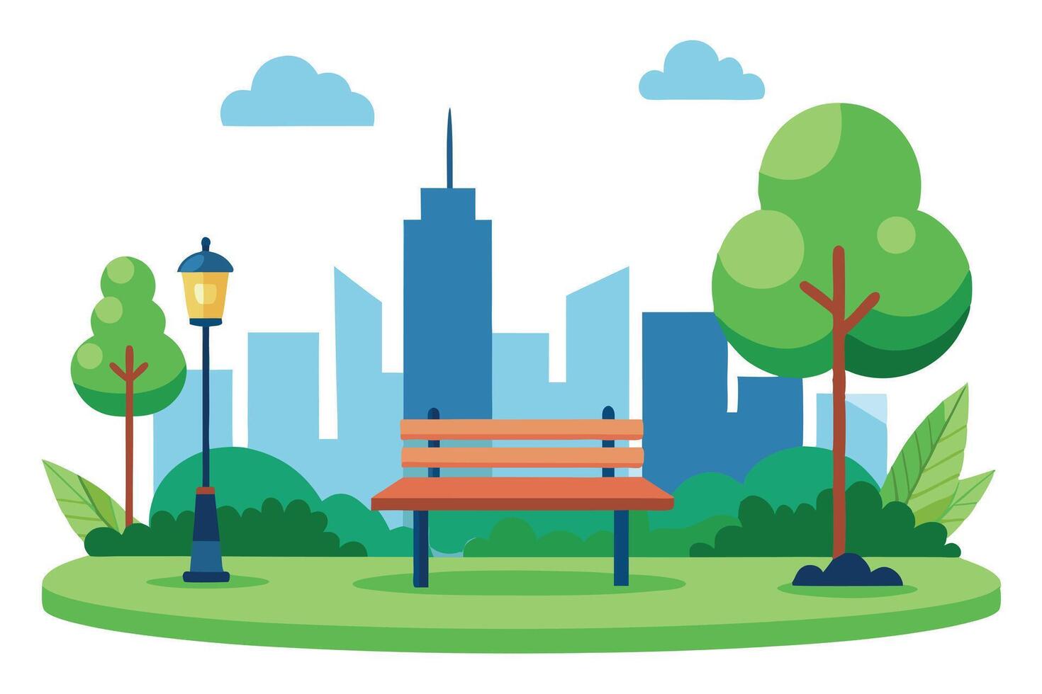 Bench at City Park with Green Trees, Lamppost and Skyline on White Background vector