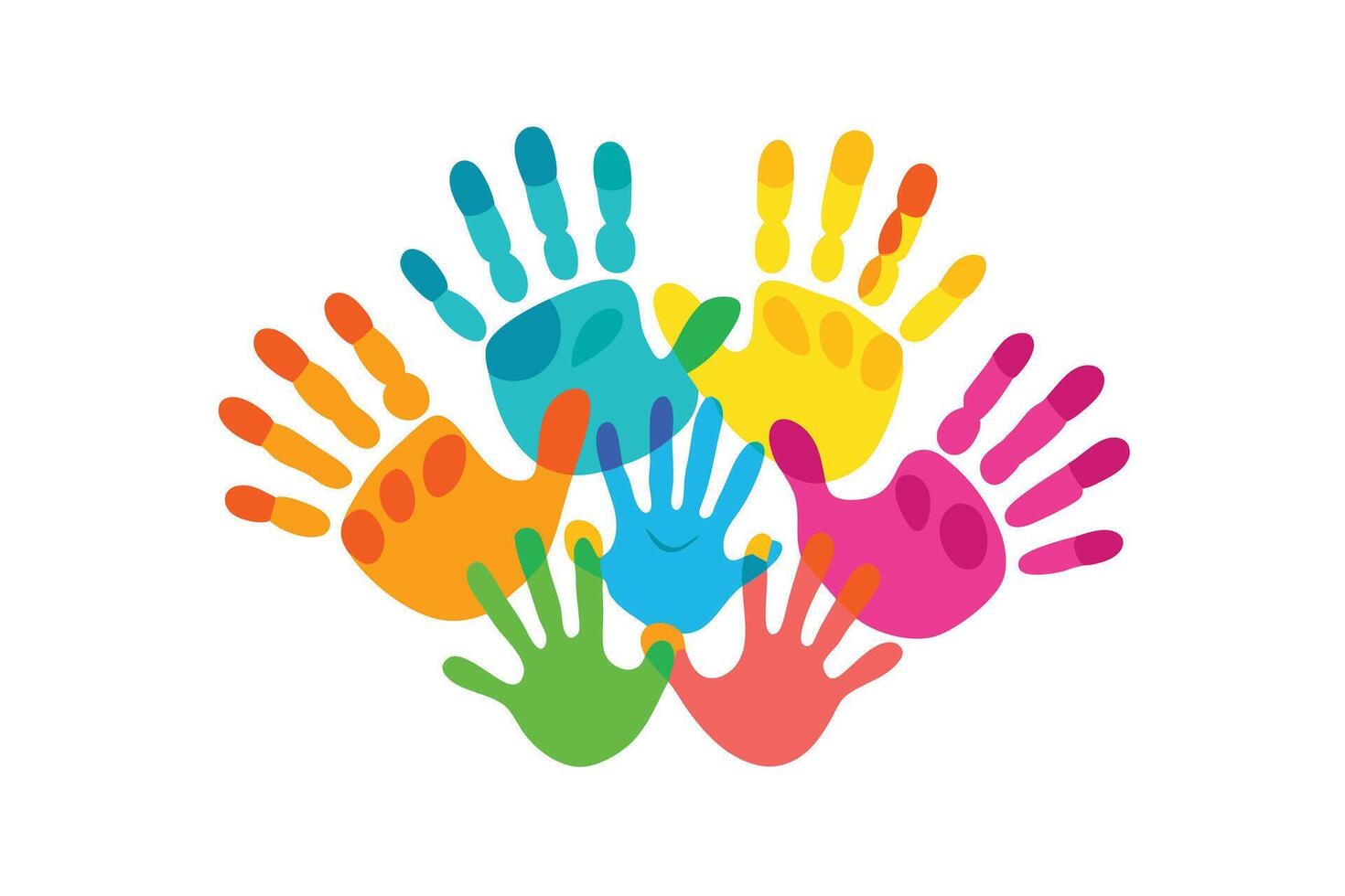 Colorful Handprints Group on White Background Illustration. Joyful Flat Design vector