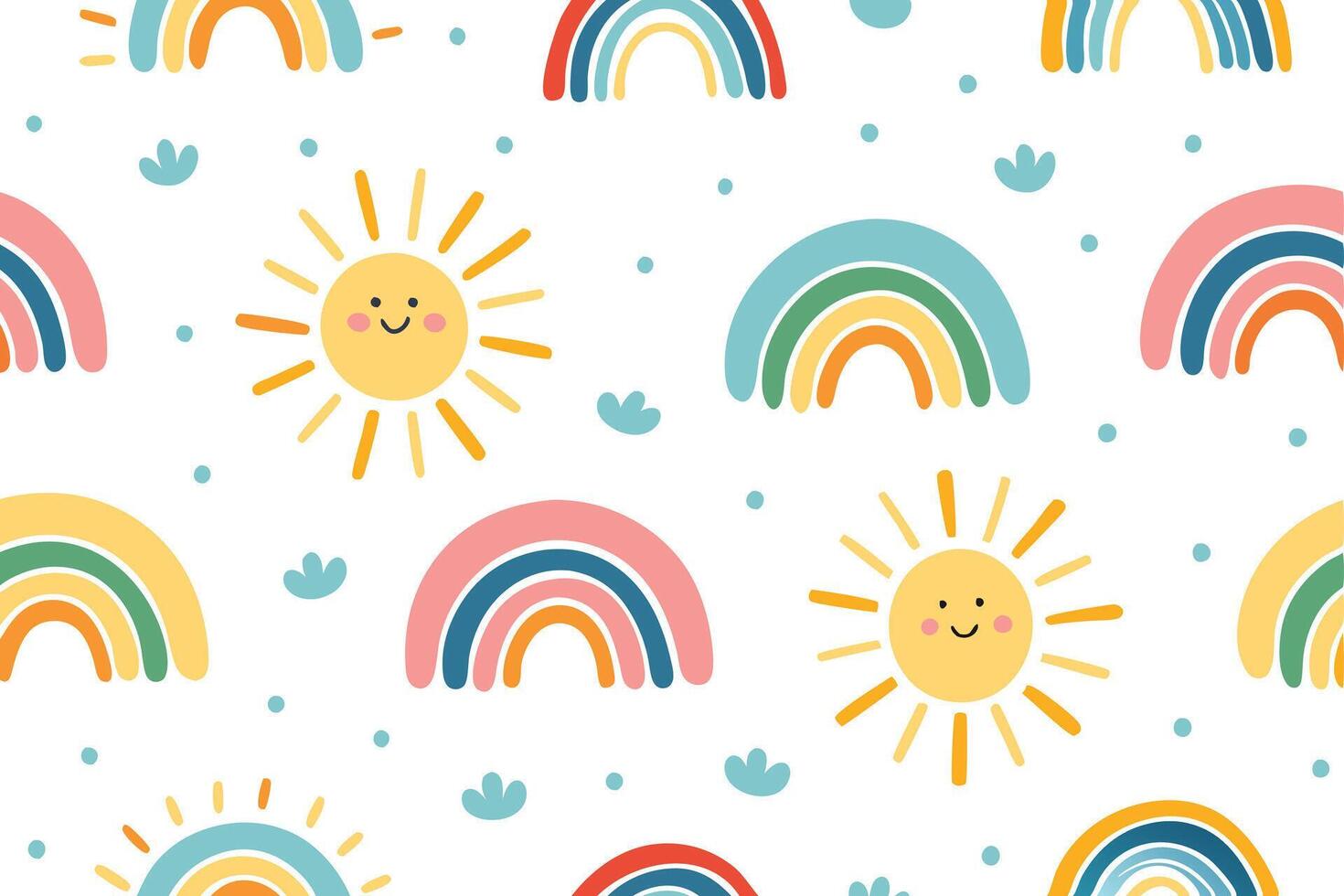 Childish Rainbows and Smiling Suns on White Seamless Pattern Cute Background vector