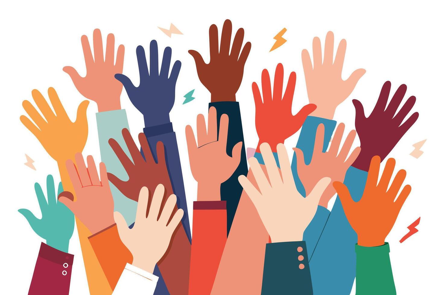 Diverse Raised Hands on White Background with Energy Sparkles vector