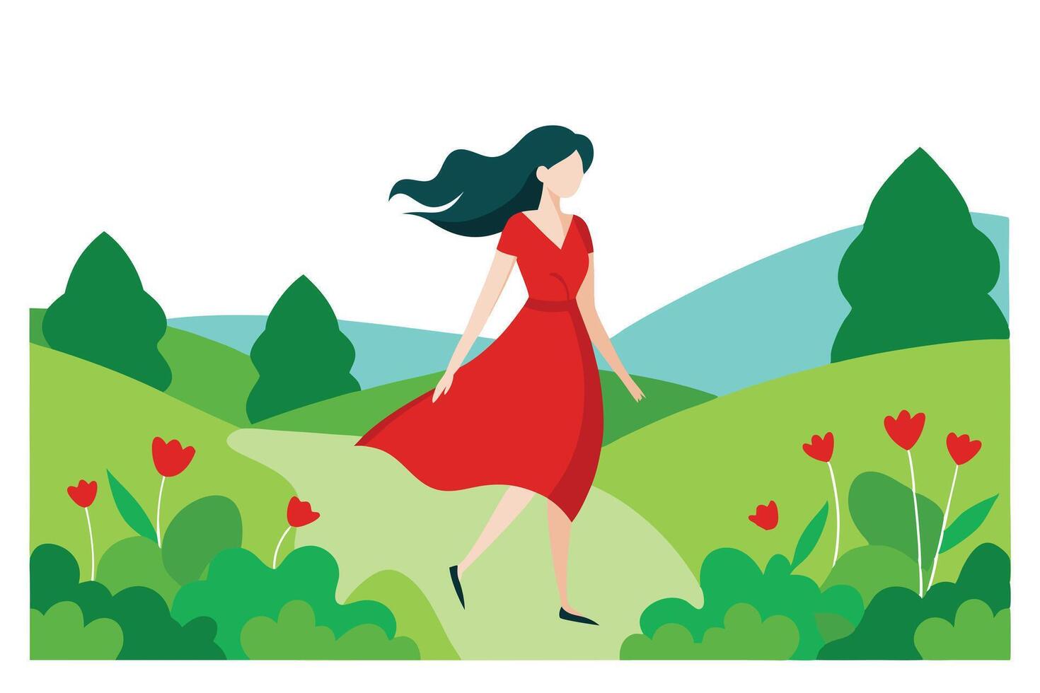 Lady in Red Dress Strolling on Green Meadow with Flowers and Rolling Hills Backdrop vector