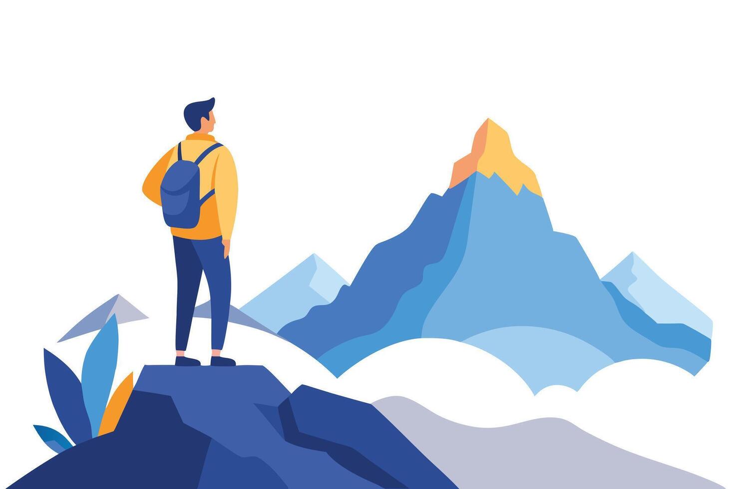 Young man with backpack stands on a cliff looking at mountains view vector