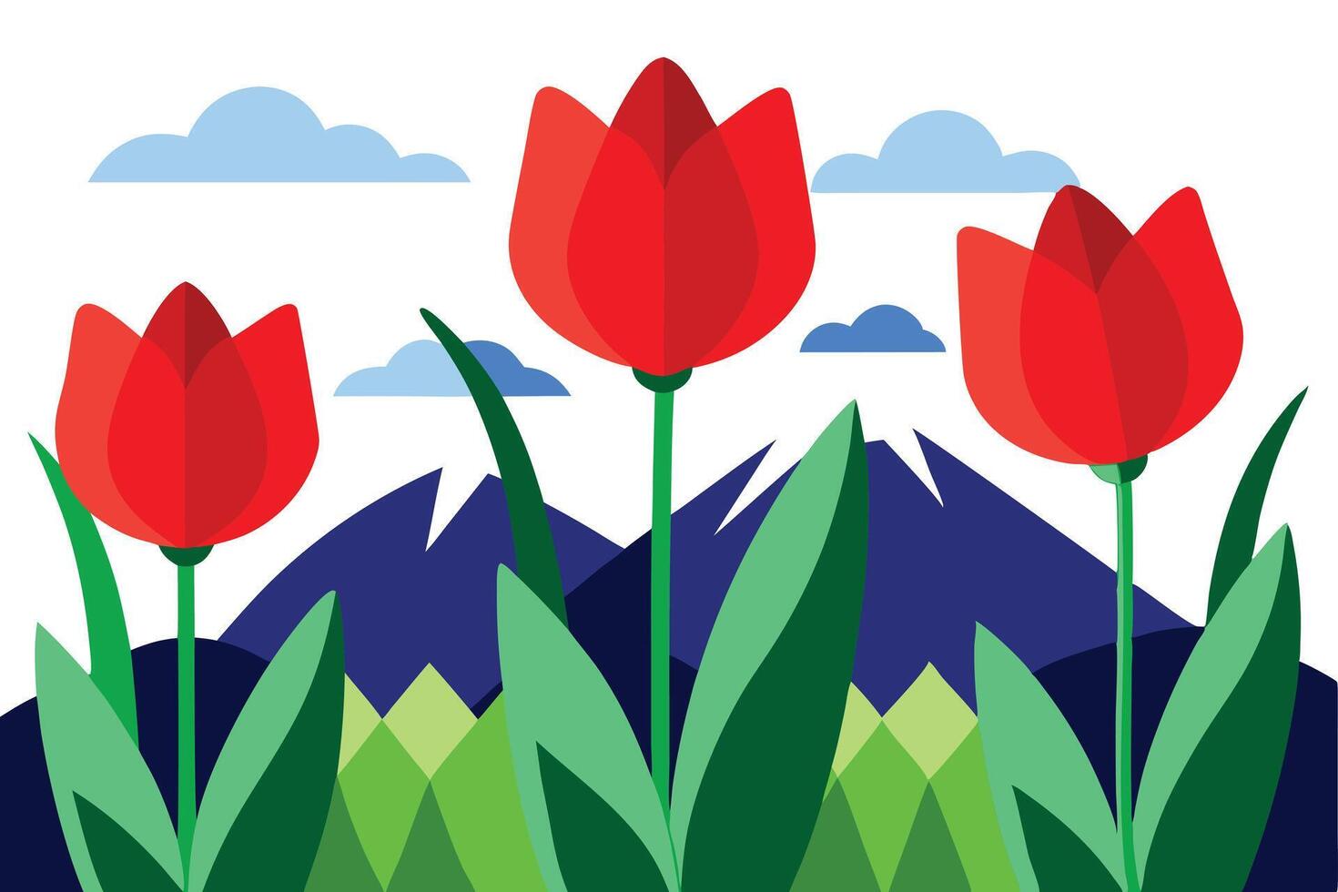 Stylized Red Tulips and Blue Mountains with Clouds on White Background Design vector