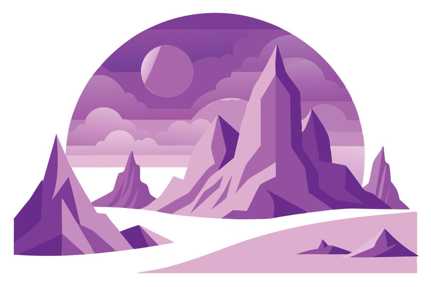 Mountainous Landscape with Purple Hues and a Full Moon Under Clouds in Sky vector