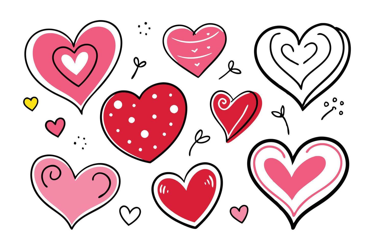 Fun Valentine's Day Hearts Assortment with Dots and Twirls on White Background vector