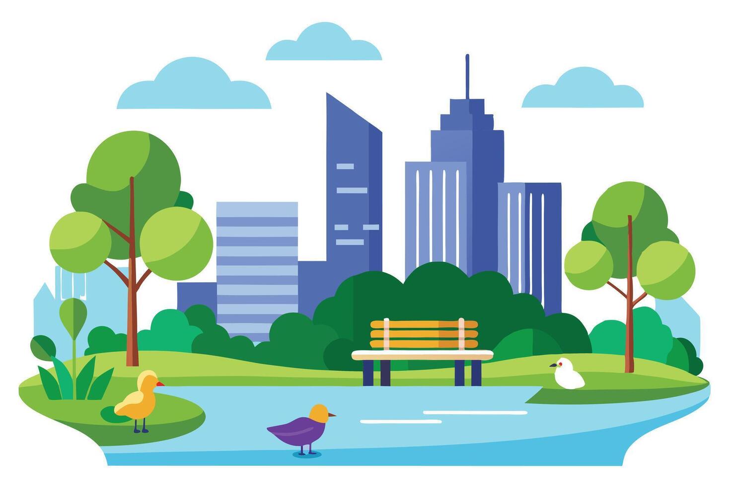 Serene Park View With City Skyline, Trees, Bench, Ducks, Water, Flat Design Style vector