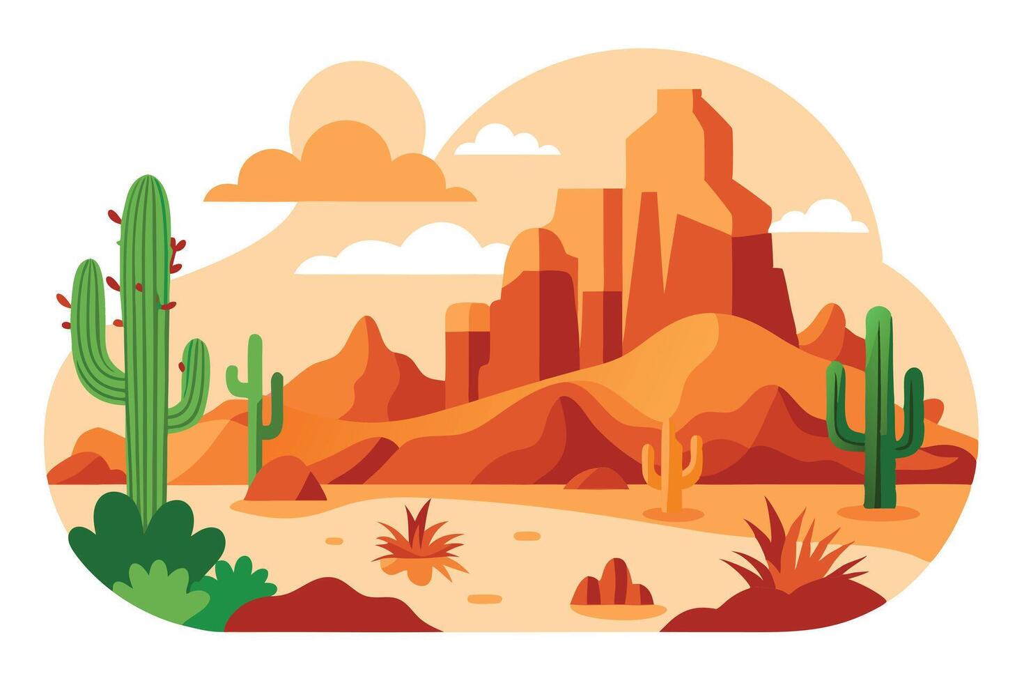 Flat Desert Landscape With Cacti, Rocks, Bushes, Sun and LightOrange Sky vector