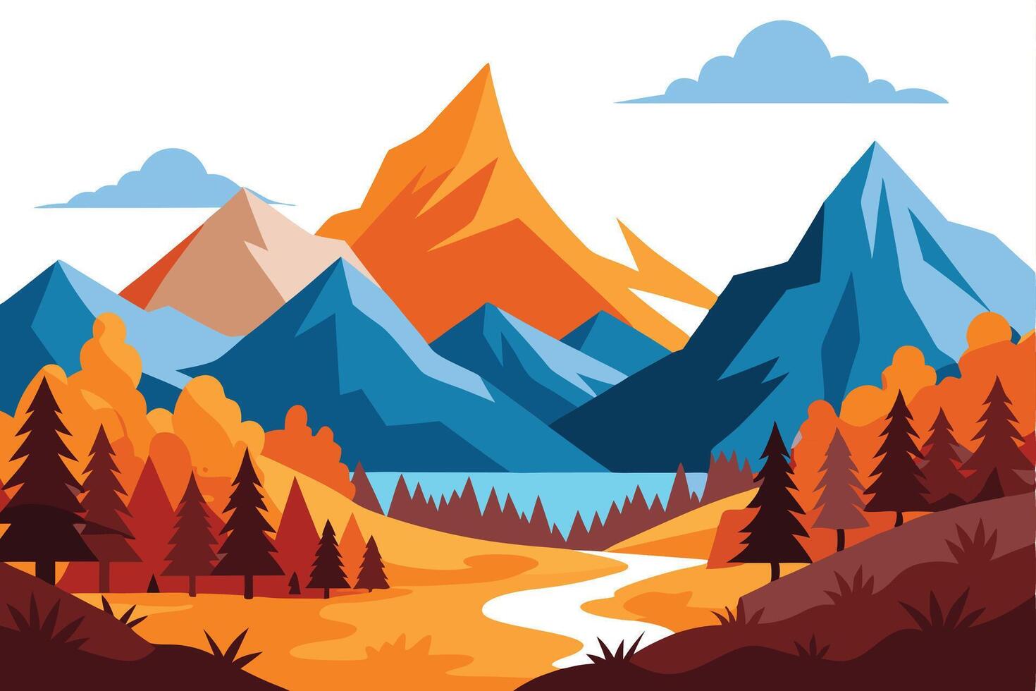 Vivid Mountain Landscape with Trees, Clouds, and Stream on a White Background vector