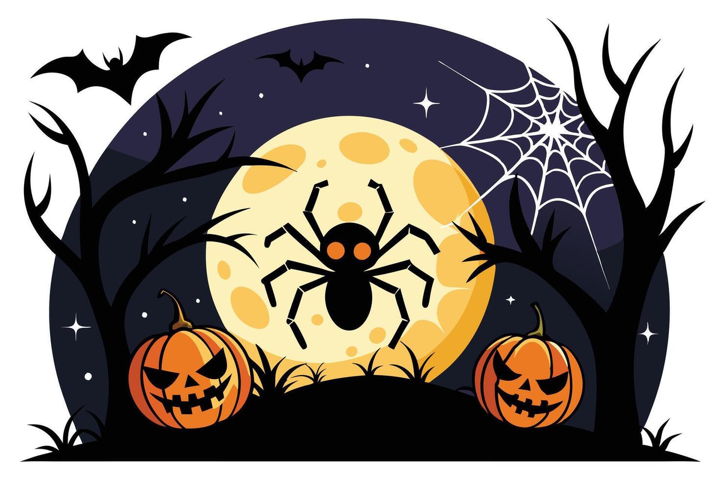 Halloween Spooky Spider, Moon, JackoLanterns, Bats and Bare Trees in Night vector