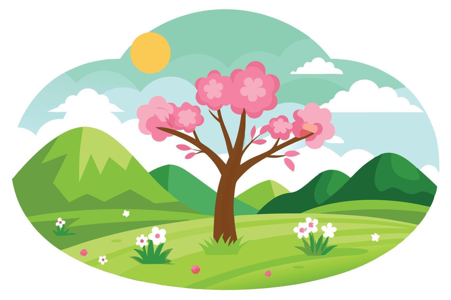Cartoon Pink Blossom Tree in Landscape with Mountain View vector