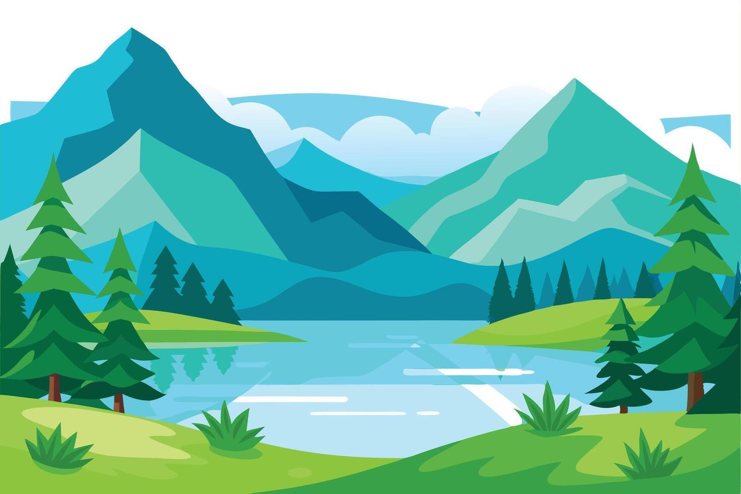 Flat Mountain Lake Landscape with Evergreen Trees and Reflection in Turquoise Waters vector