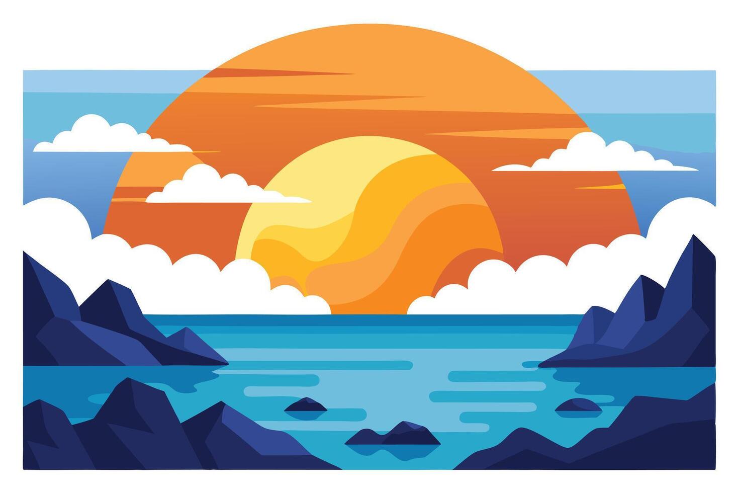 Scenic Lake with Mountains at Sunset Flat Style, Sky Clouds and Water vector