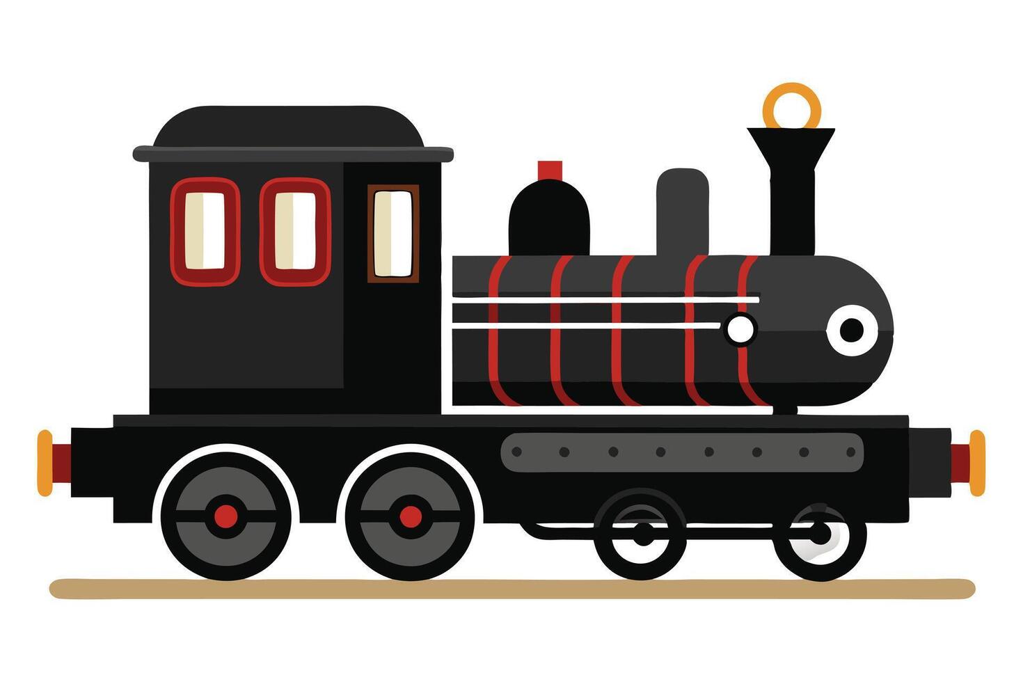 Cartoon Black Locomotive Engine, Red Accents, Train Wheels, Simple on White vector