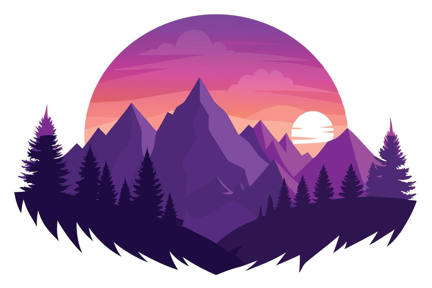 Circular Purple Silhouette Mountain Range View with Evergreen Trees and Cloudy Sunset vector