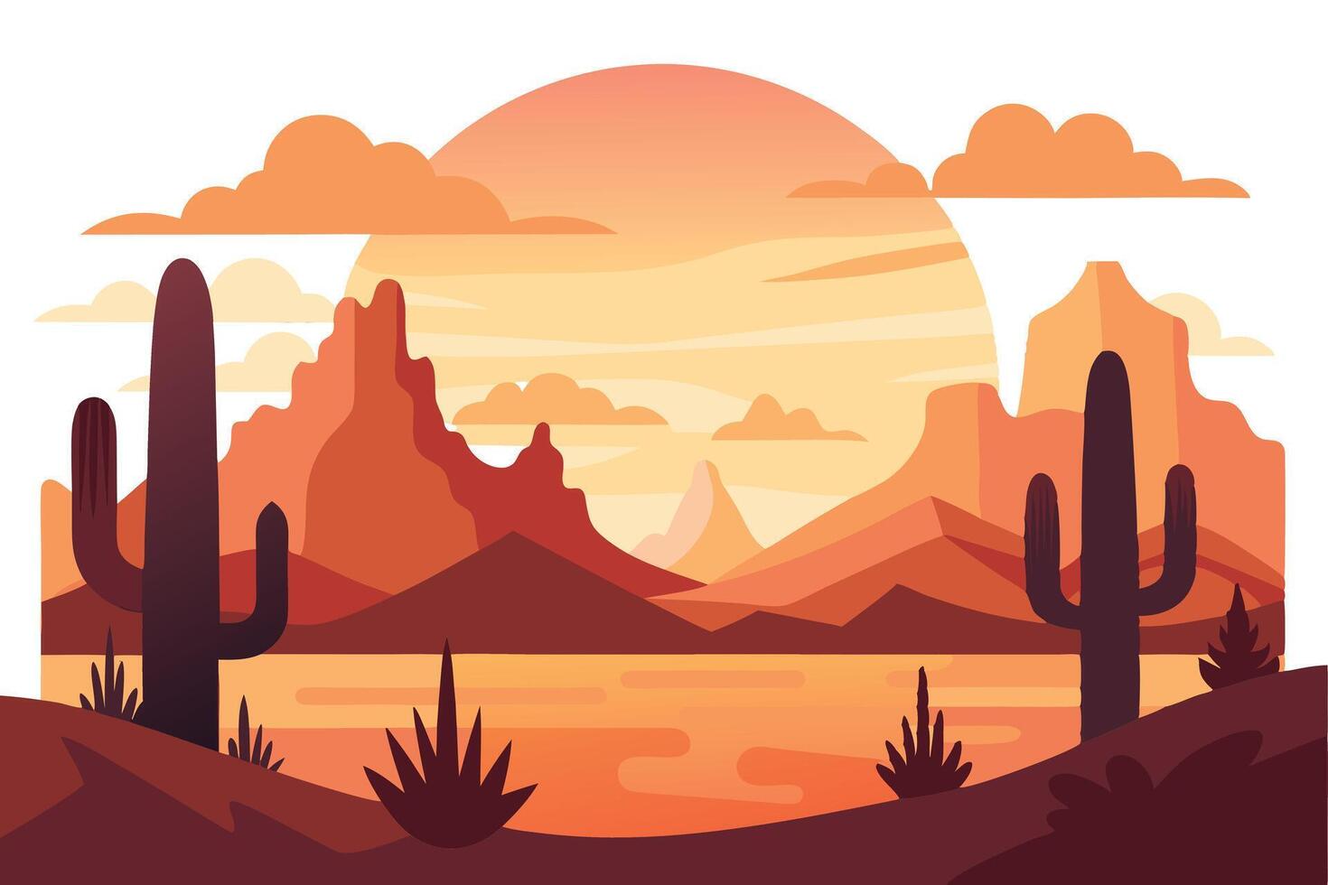 Warm Desert Landscape Illustration, Mountain Silhouette, Cactus at Sunset, Orange Sky vector