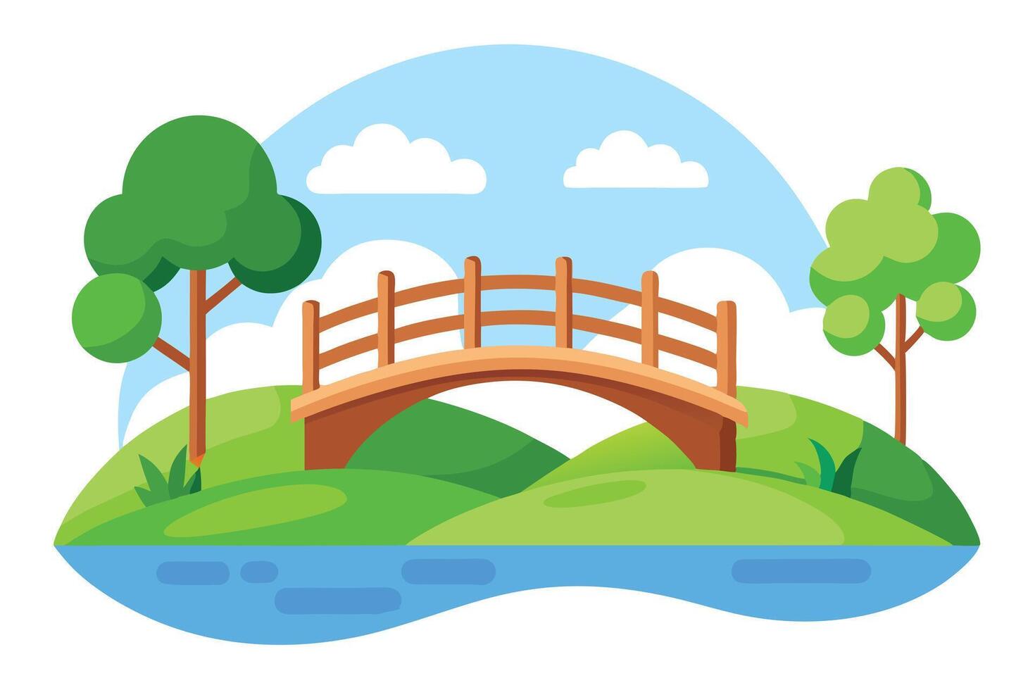 Serene Landscape with Wooden Bridge, Green Hills, Blue River, and Clouds in Sky vector