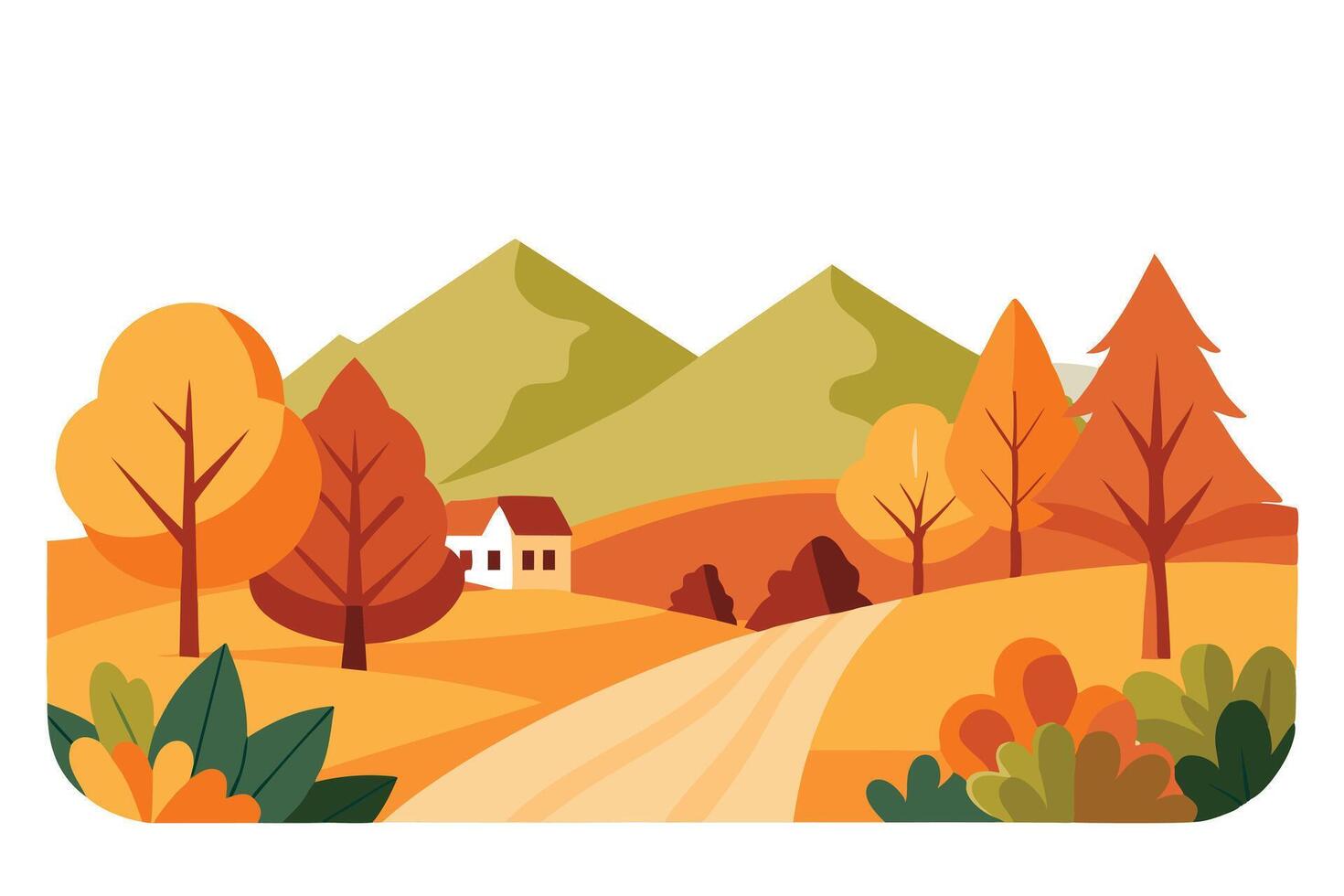 Scenic Autumn Landscape with Winding Road, Mountain Backdrop, White Background, Trees vector