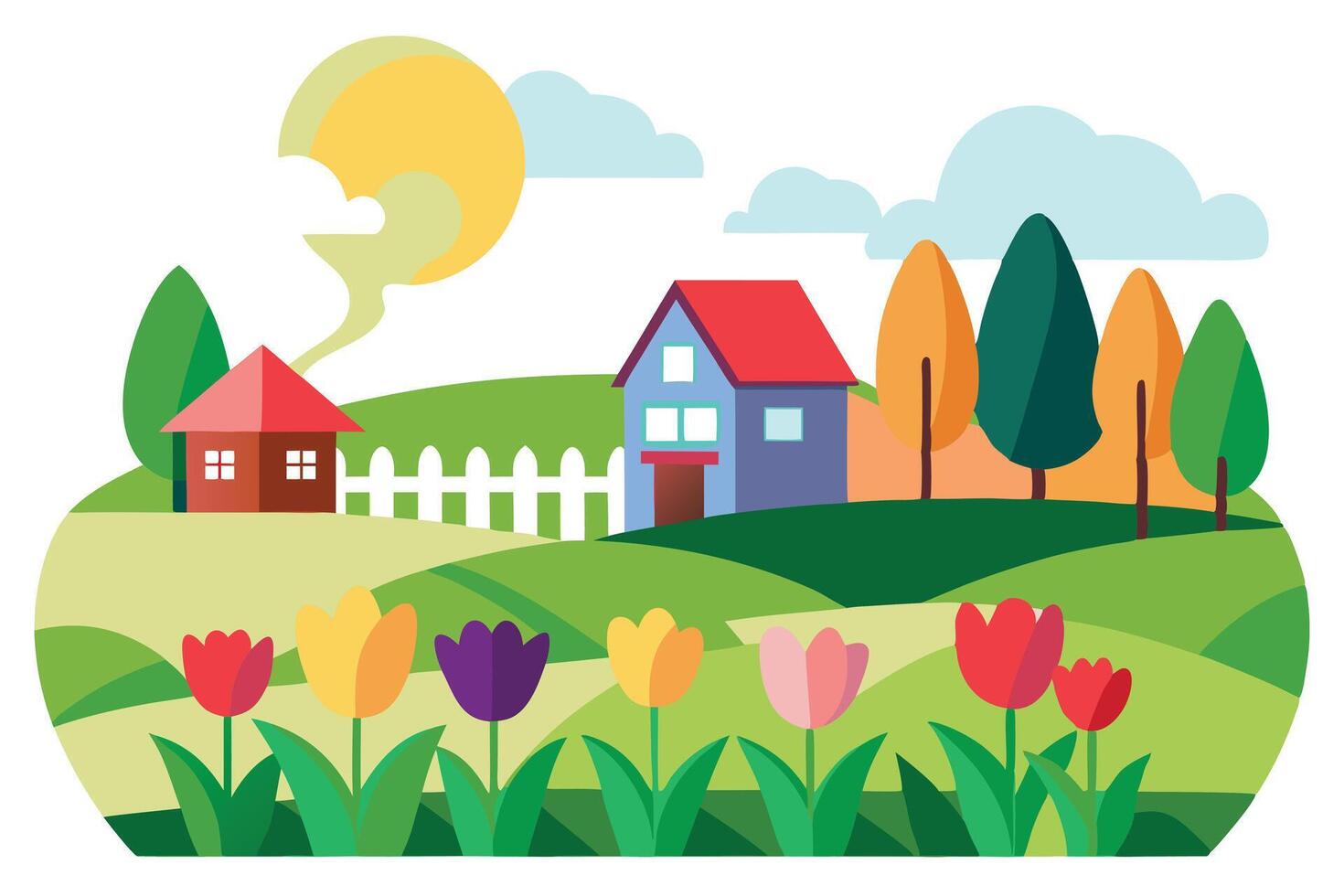 Cartoon Houses Landscape with Tulips, Trees, Clouds, Yellow Sun and White Fence vector