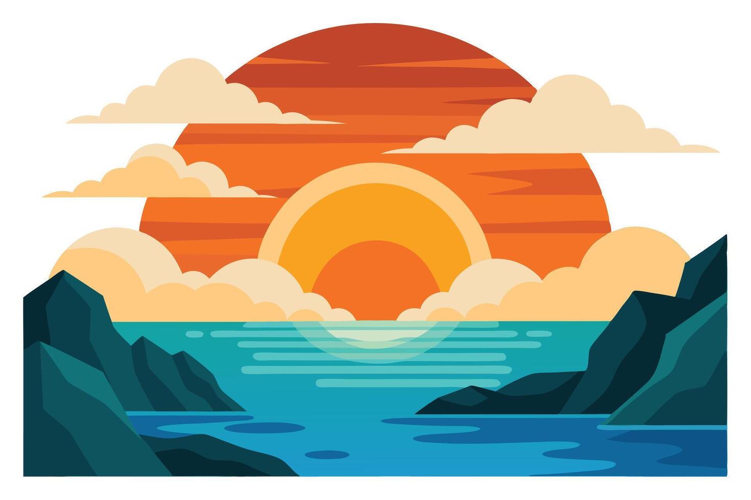 Serene Coastline with Rocky Cliffs, Tranquil Blue Sea, Sunset Sky and White Clouds vector