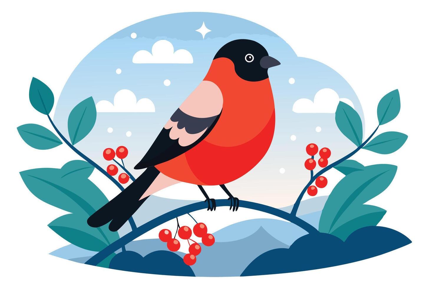 Bullfinch Bird Sitting on Branch with Berries and Sky in Stylish Flat Design vector