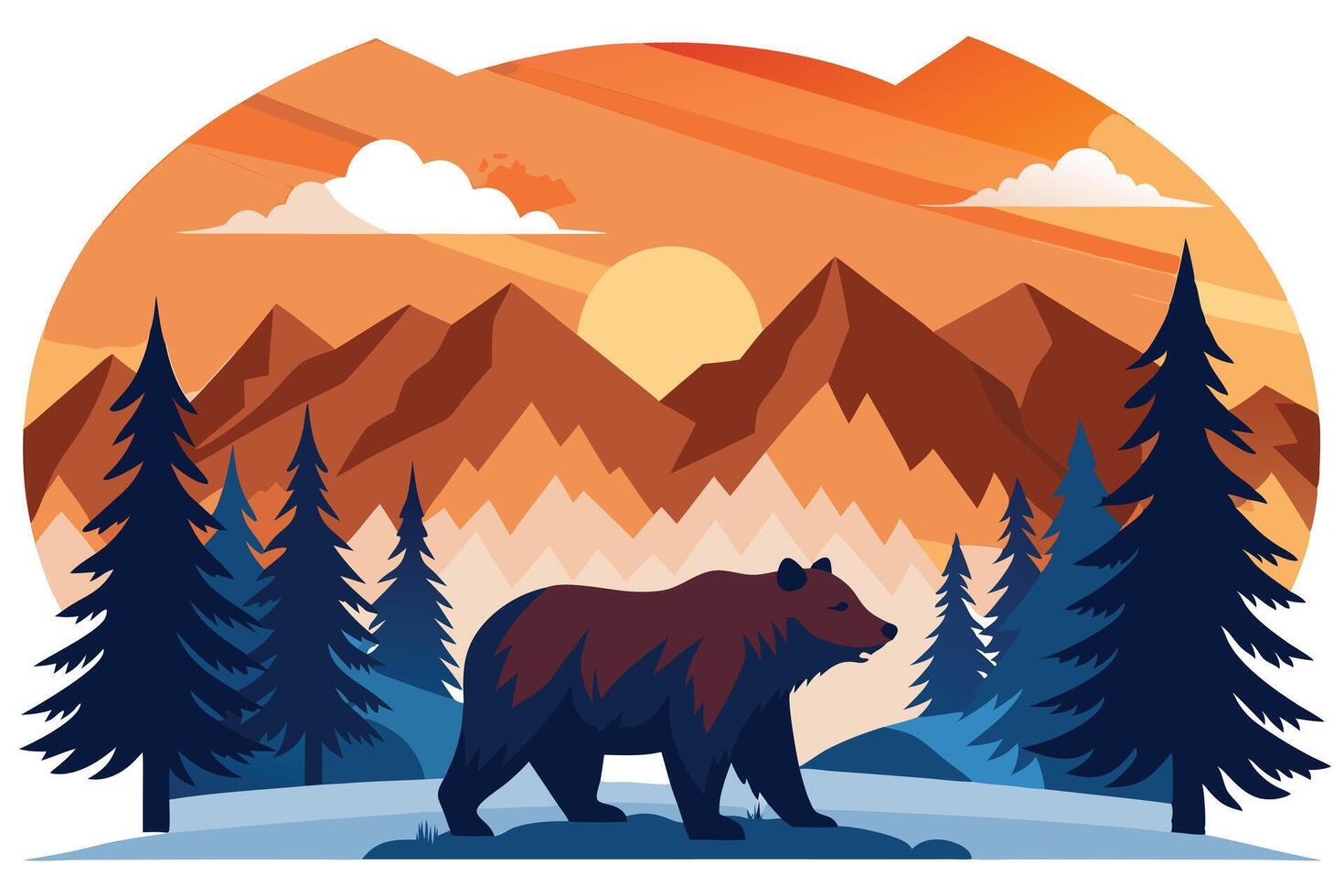 Bear Silhouette with Mountain Landscape and Trees at Sunset vector