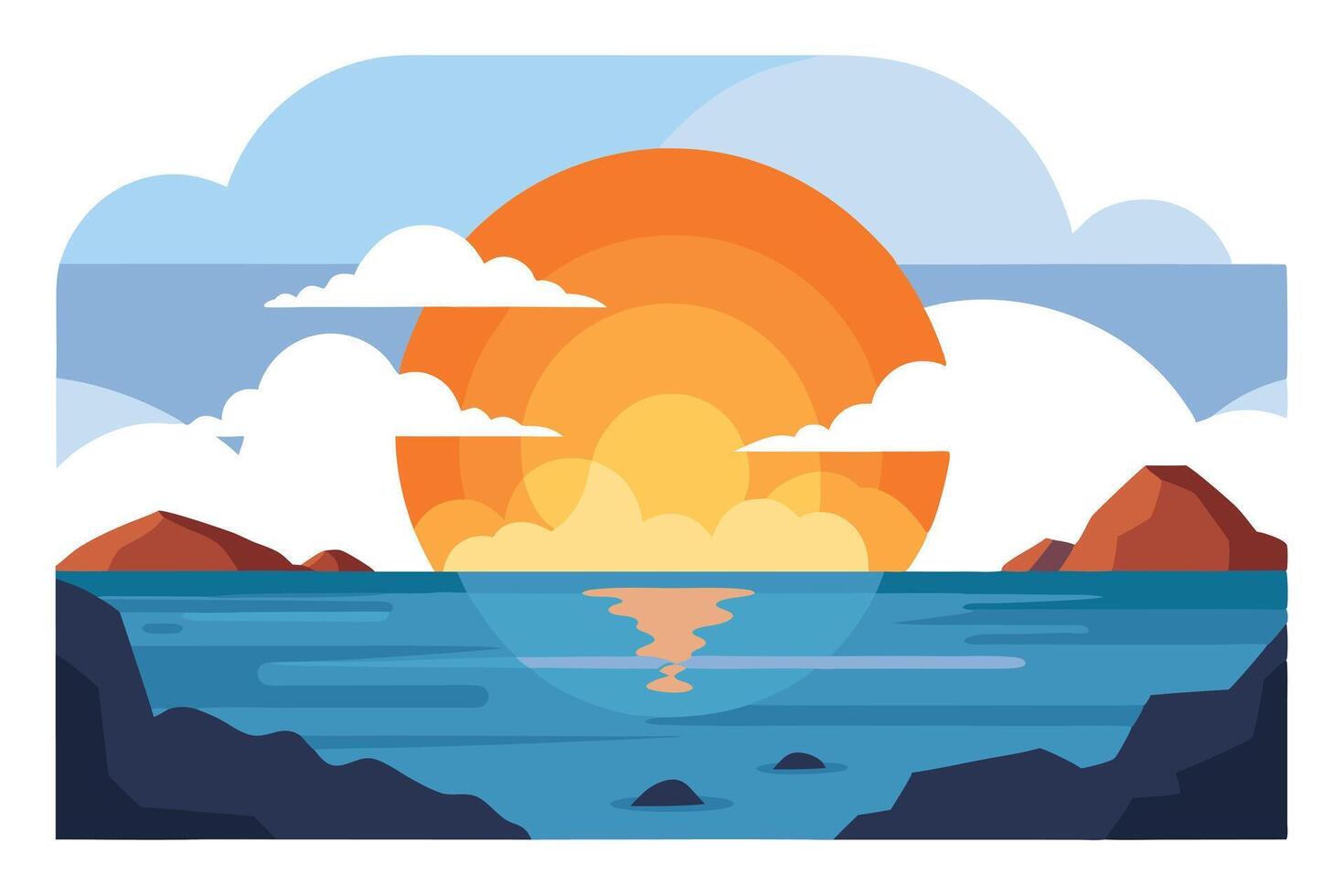 Stylized Sunset Over Sea with Rocks, Islands, Clouds, Sky, and Reflection vector