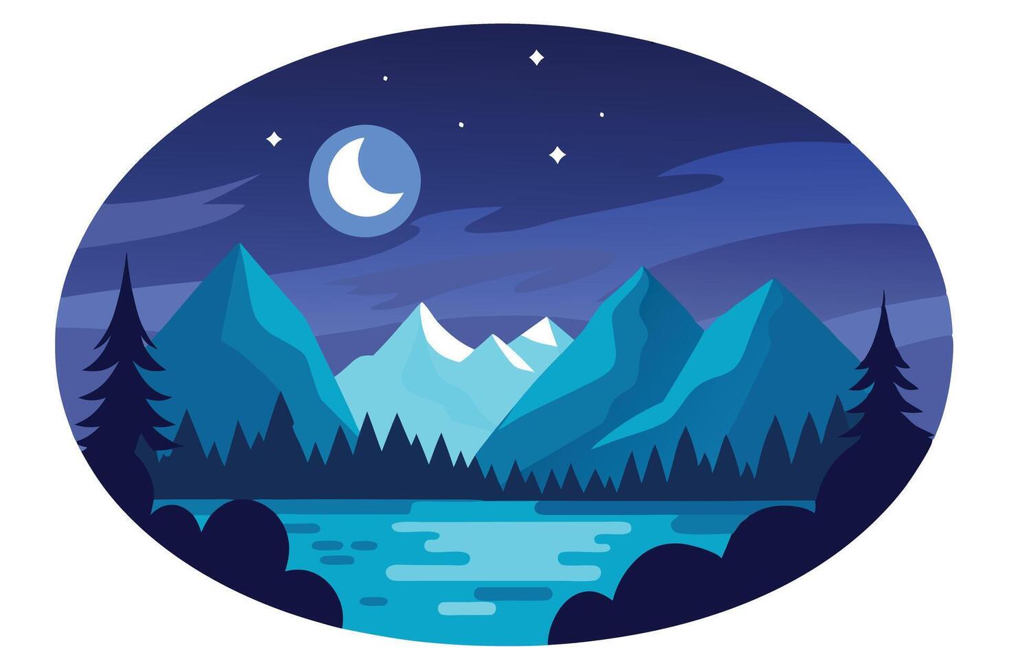 Mountain Lake Nightscape with Moon and Stars in Oval Flat Design vector