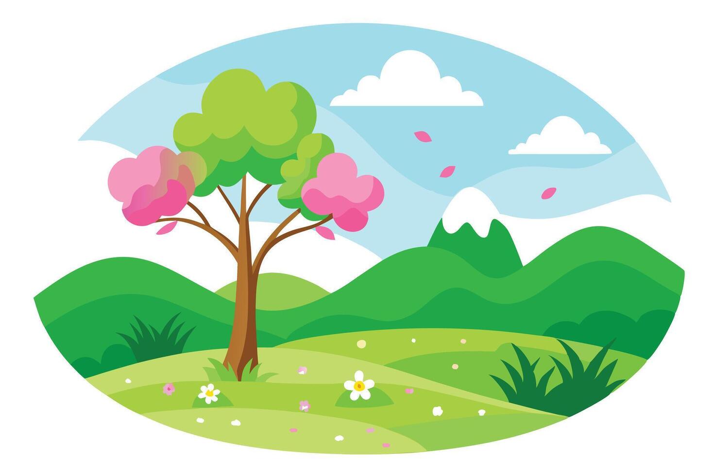 Cartoon Spring Landscape With Cherry Blossom Tree, Green Hills and Blue Sky vector