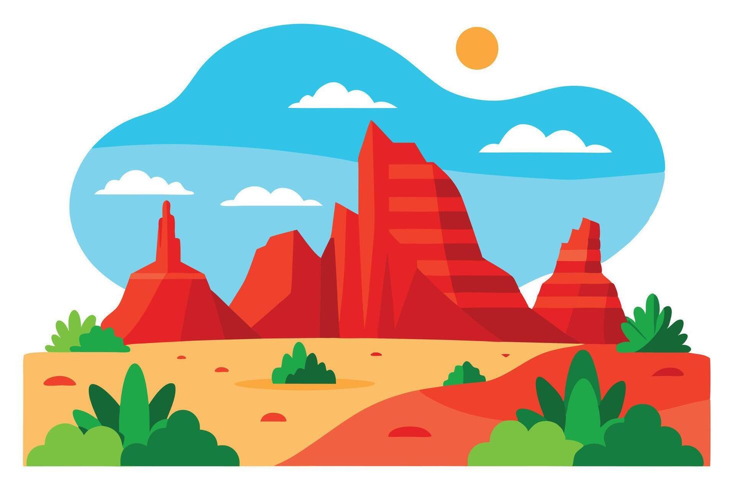 Cartoon Desert Landscape with Red Rock Mountains, Blue Sky, Green Bushes vector
