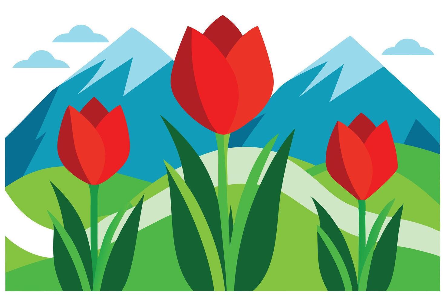 Three Red Tulips in Simple Flat Design with Mountain Background and White Backdrop vector