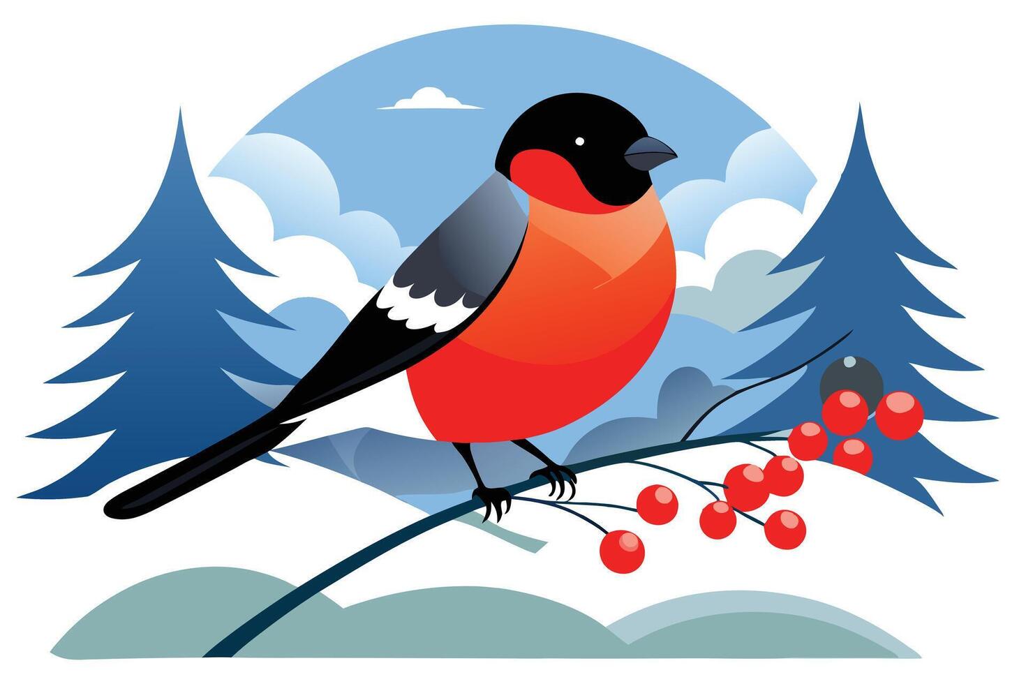 Bullfinch Perched on Berry Branch in Winter Landscape with Spruce Trees vector