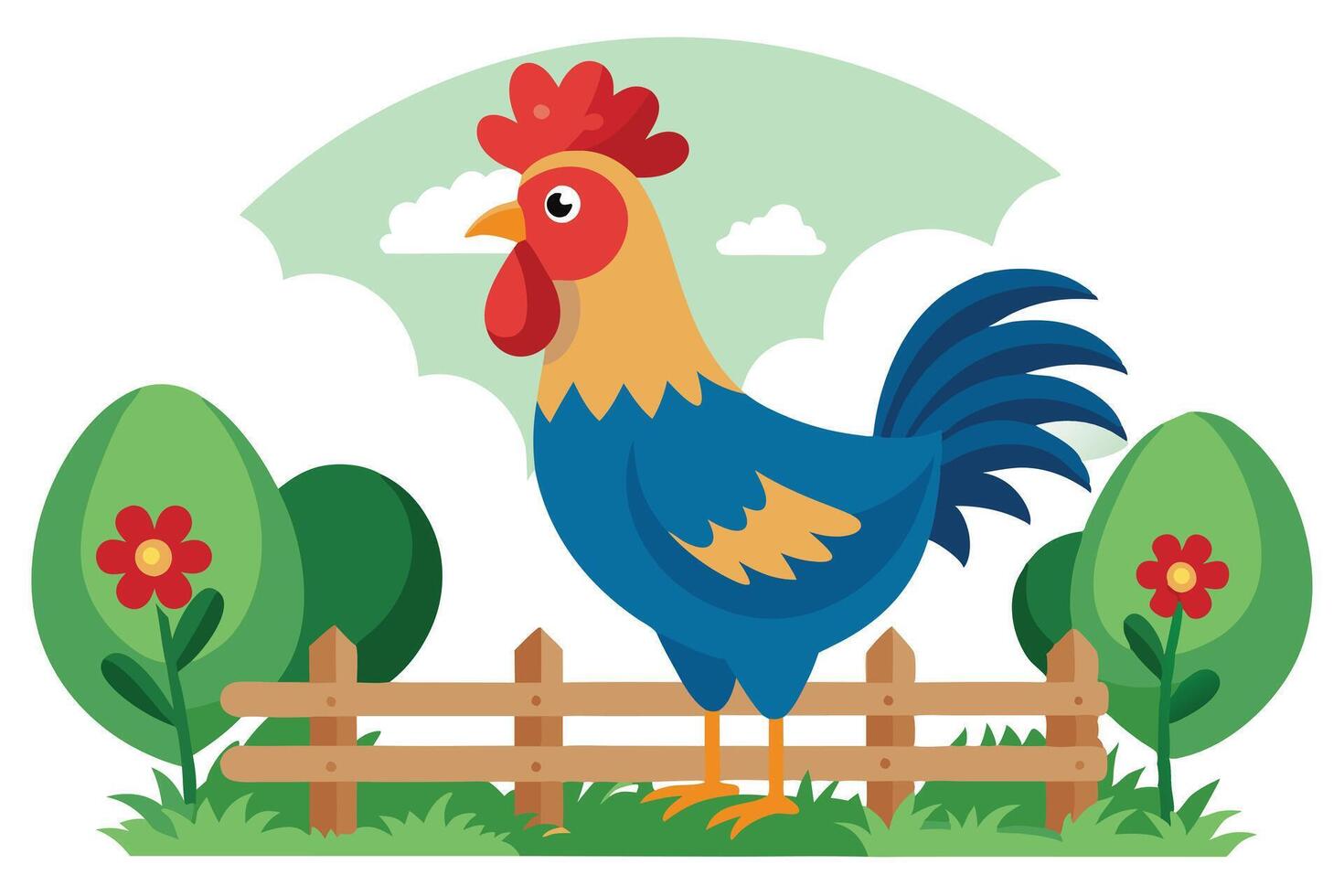 Cartoon Blue Rooster on Wooden Fence Illustration, Trees, Clouds Background vector