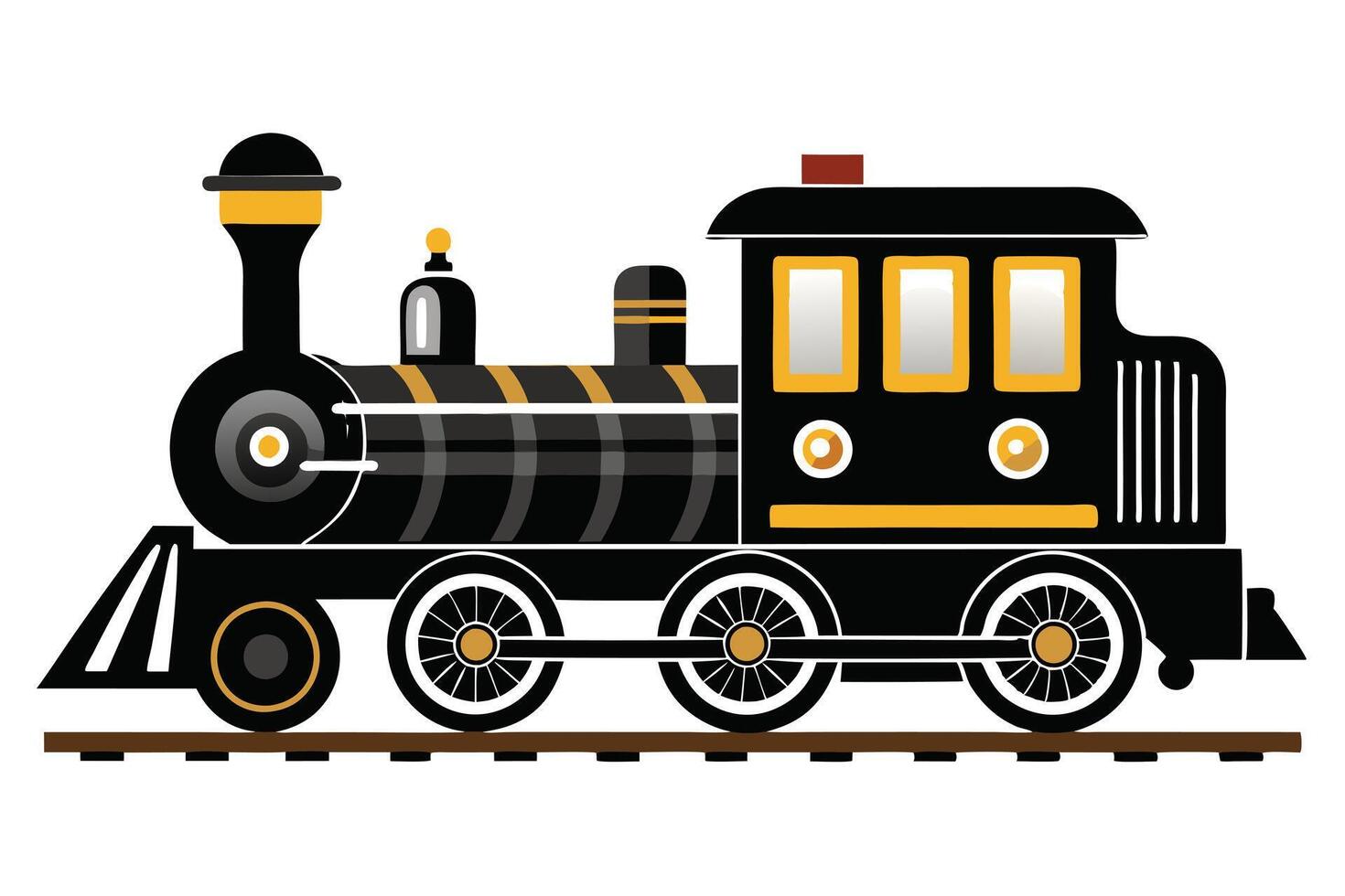 Flat Black Locomotive Train, Gold Accents, and White Background Design vector