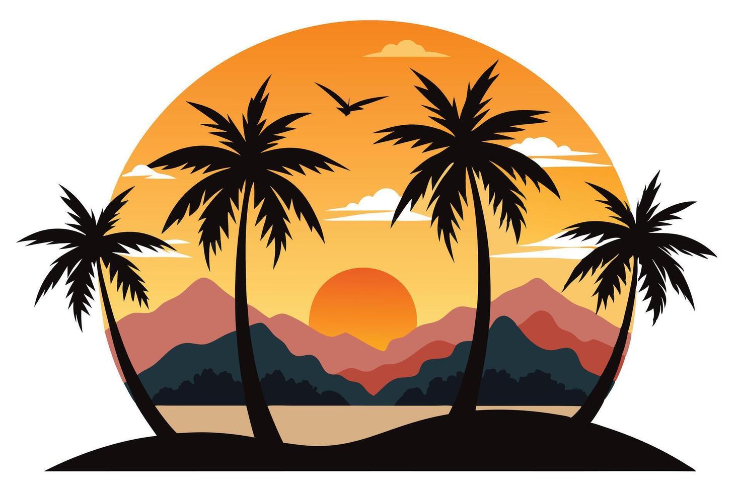 Tropical Sunset Palms Silhouette Mountains Birds , Calm Graphic, Holiday vector