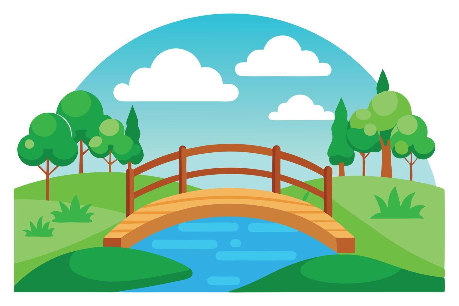Scenic Landscape with Arching Wooden Bridge, Blue Water, Green Hills and Cloudy Sky vector