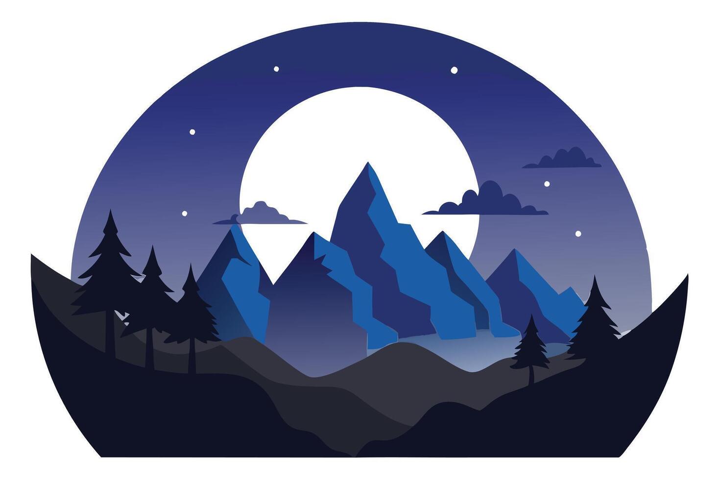Serene Mountain Landscape with Full Moon, Silhouette Trees, and Starry Night in Blue Hues vector
